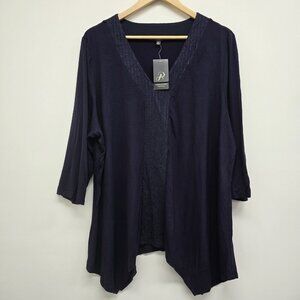 NWT Adrianna Papell Embroidered Assymetrical Blouse Sz 3X V-Neck Blue 3/4 Sleeve